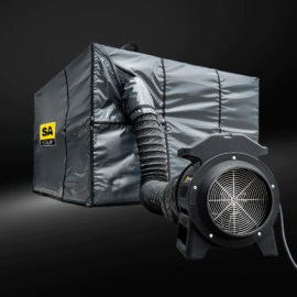 Image of SA HABITAT Negative Pressure Habitat System, a modular and portable solution for safe management of hazardous dust, vapors, and fumes in industrial environments. The system includes the main habitat, air movers, filtration units, and flexible ducting. Internal lighting is featured. The operator works within the containment area created by the system, with powerful air movers drawing away contaminants. Up to 4-stage filtration expels clean air. Ideal for various tasks such as welding, blasting, painting, and cutting, the system not only maintains a clean and safe surrounding but also provides a secure working environment. Additional benefits include noise reduction, rapid deployment, modularity, portability, flame-retardant panels, vision panels for operator safety, gas alarm options, and different size configurations. The SA HABITAT system effectively removes contaminated air, ensuring a safe and productive work environment.